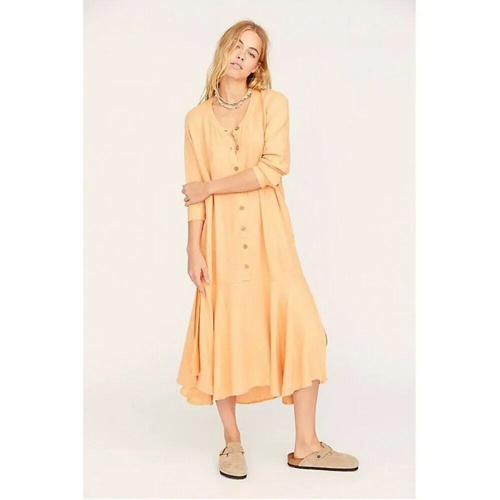 Free People Mathilda Orange Linen Blend Oversized Long Sleeve Midi Dress S
